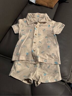 Carters Beach Print Linen-Style Shirt & Shorts Set - Beige with Light Blue 3T